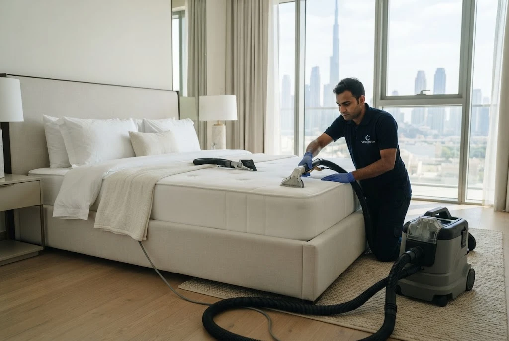 Professional bed mattress cleaning services in a modern Dubai home