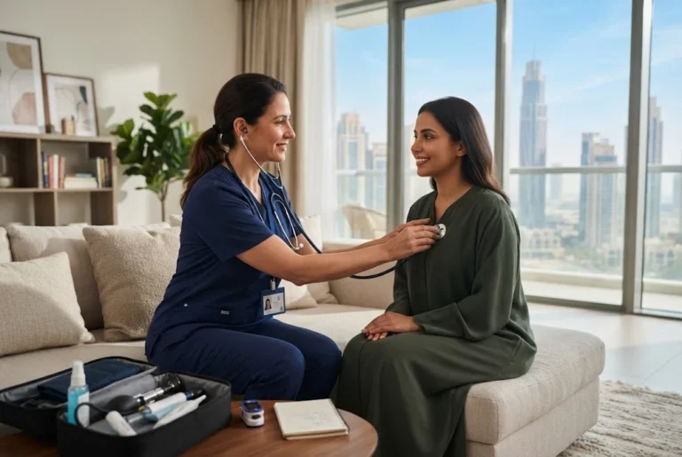 Doctor at home in Dubai providing a professional home medical consultation